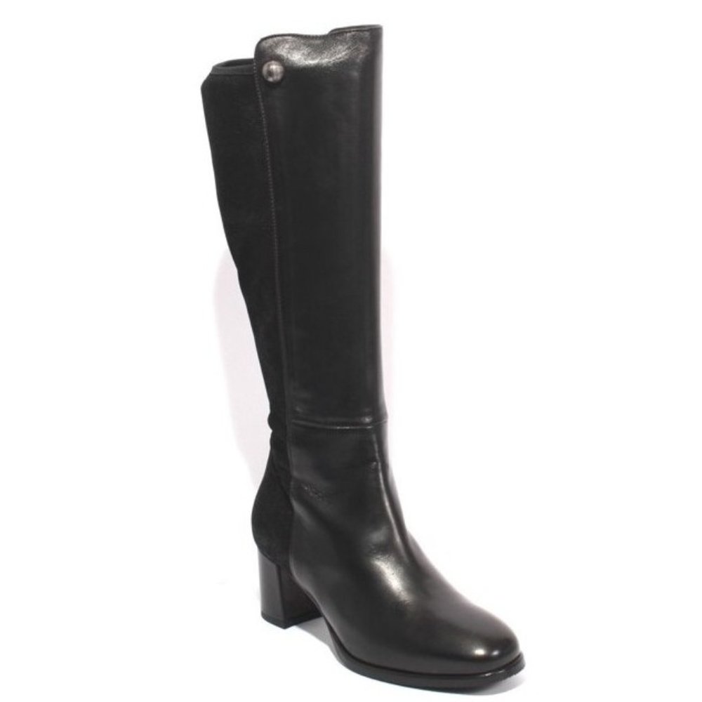 ITALIAN Black Leather Stretch Knee High Heel Boots